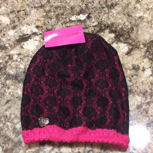 Betsey Johnson pink and black lace beanie